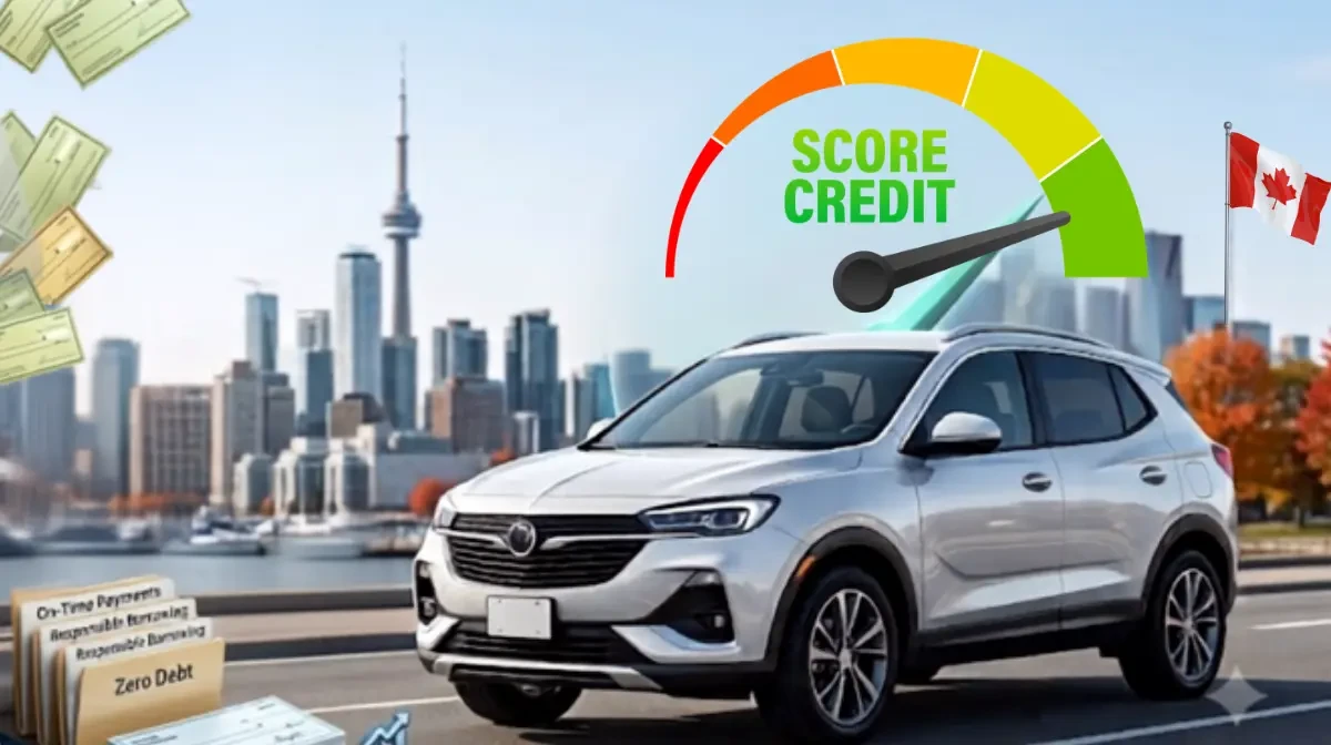 Modern white SUV parked on a Canadian road with the Toronto skyline in the background, featuring credit cards, financial growth icons, and a sleek credit score indicator meter