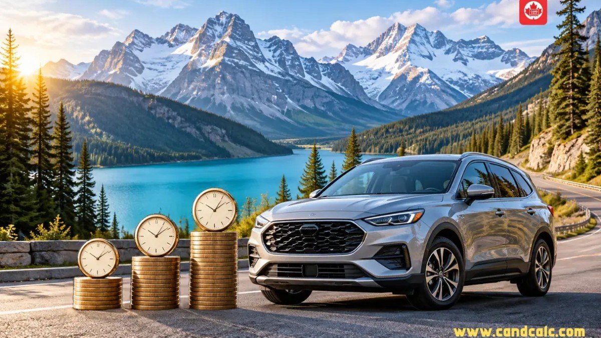VUS argenté près d'un lac alpin turquoise dans les Rocheuses canadiennes, avec des piles de pièces d'or et des horloges illustrant les durées de prêt auto et les coûts d'intérêt.