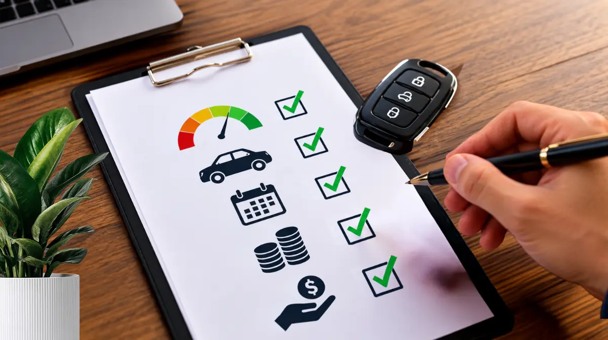 Car financing checklist with car key, payment icons, and green checkmarks on a clipboard