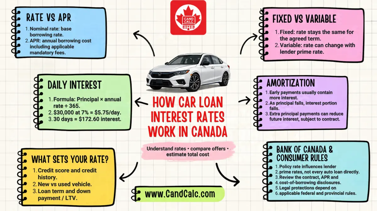 Carte mentale expliquant le fonctionnement des taux d'intérêt des prêts auto au Canada, incluant le TAP, l'intérêt quotidien, les taux fixes vs variables, l'amortissement et les règles de protection du consommateur