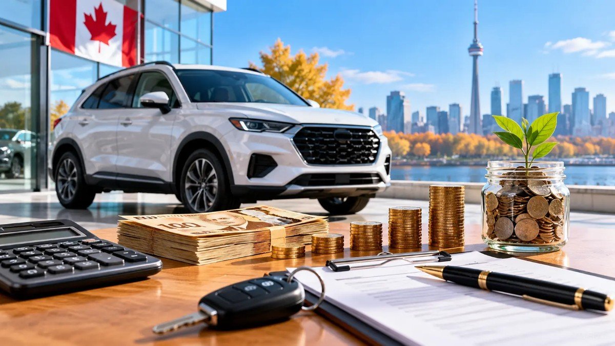 Car loan down payment in Canada with a white SUV, Canadian cash, savings jar, calculator, and financial documents.