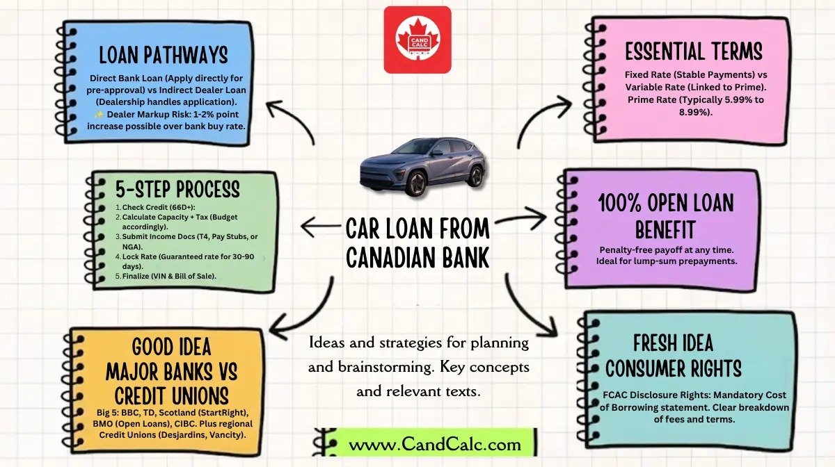 A mind map of car loan from canadian Bank shows how to take car loan from canadian bank using graphics and image provide by Candcalc.com